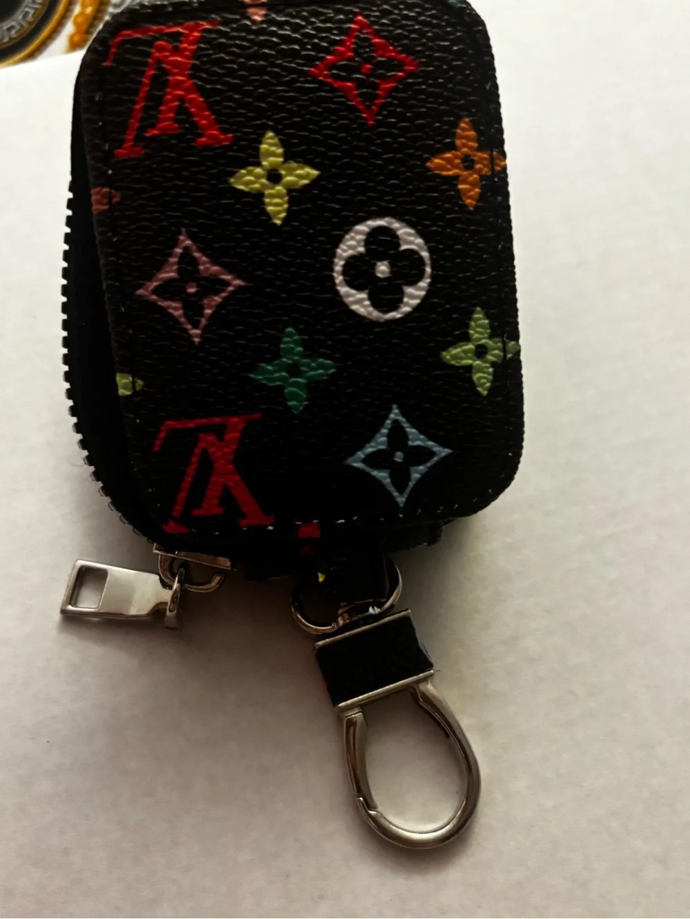 Designer-Inspired Black Multicolor Monogram Key Pouch with Clip